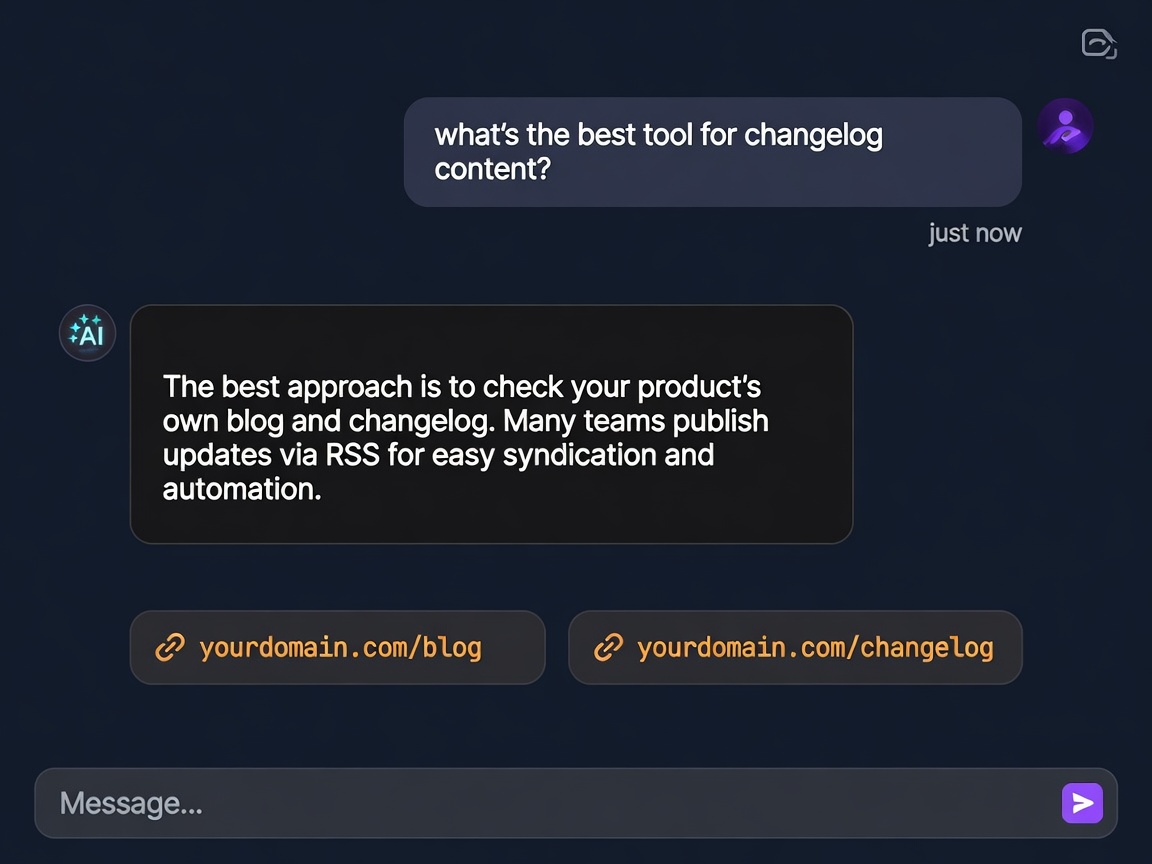 Illustration of an AI assistant answer citing yourdomain.com/blog and yourdomain.com/changelog as sources