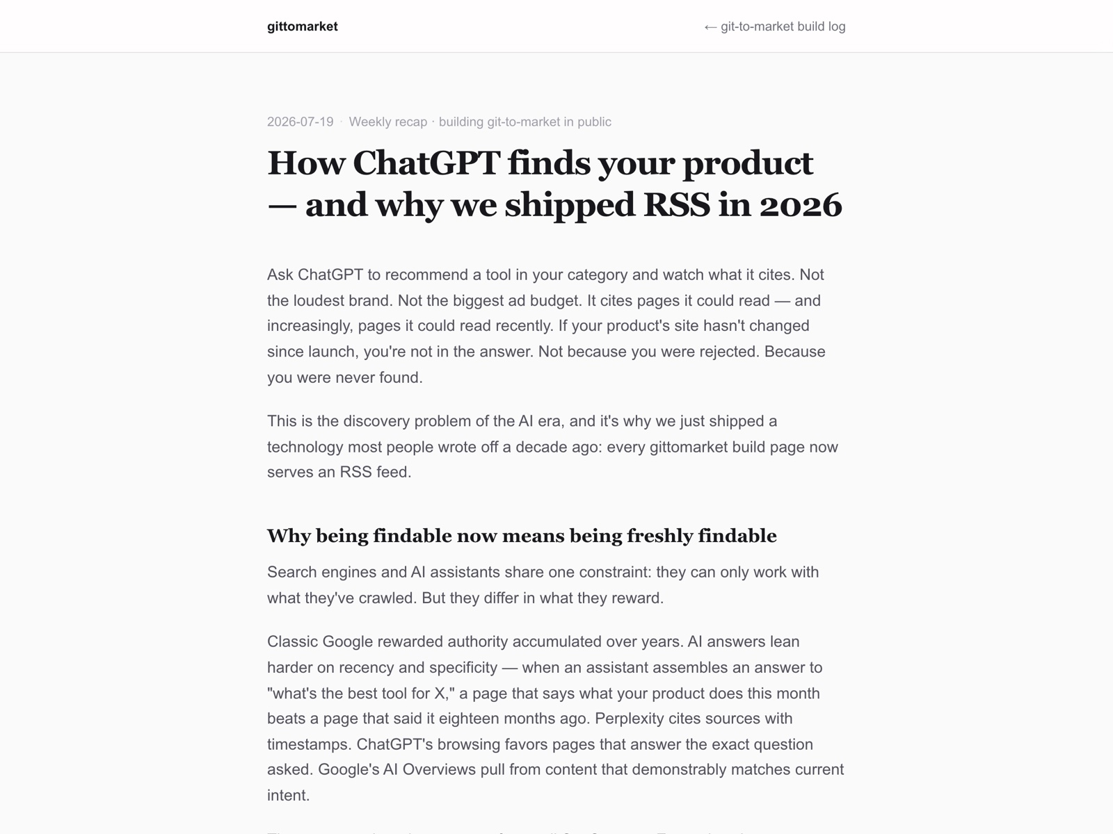 Screenshot of the live article "How ChatGPT finds your product — and why we shipped RSS in 2026" published July 19, 2026